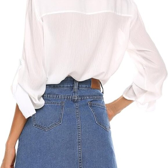 New Women V Neck Button Down Shirts Short Sleeve- XL - Picture 4 of 8